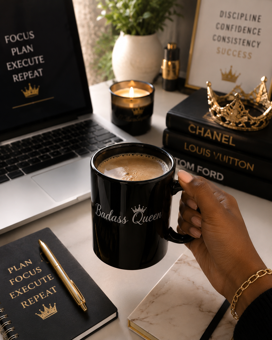 Badass Queen Black Mug with silver logo, 15oz