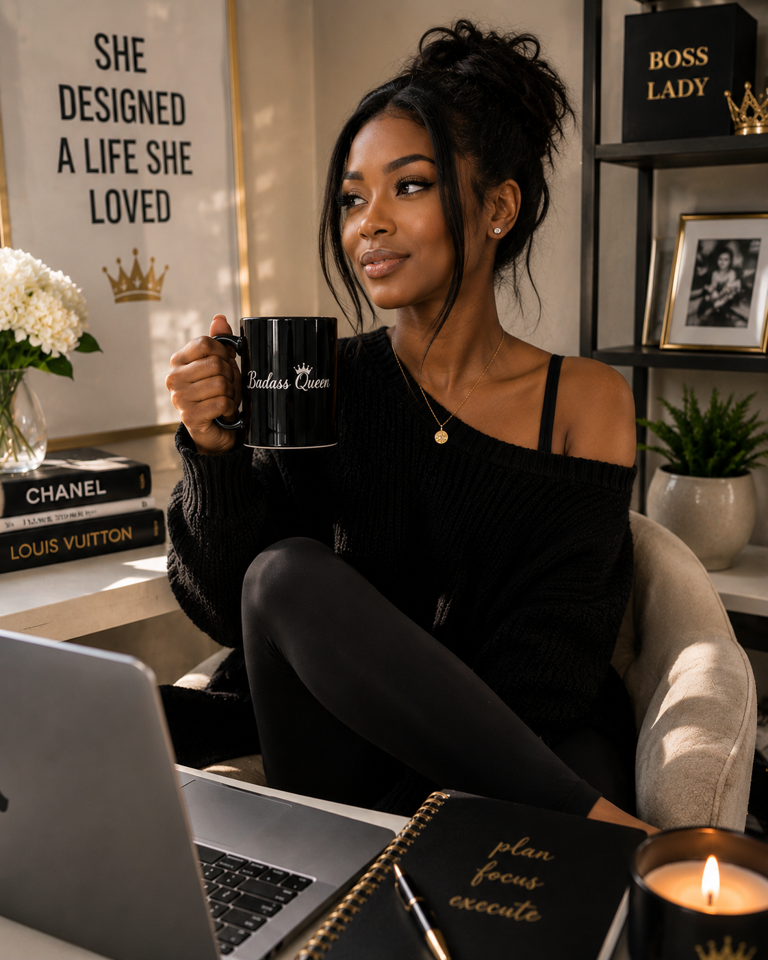 Badass Queen Black Mug with silver logo, 15oz