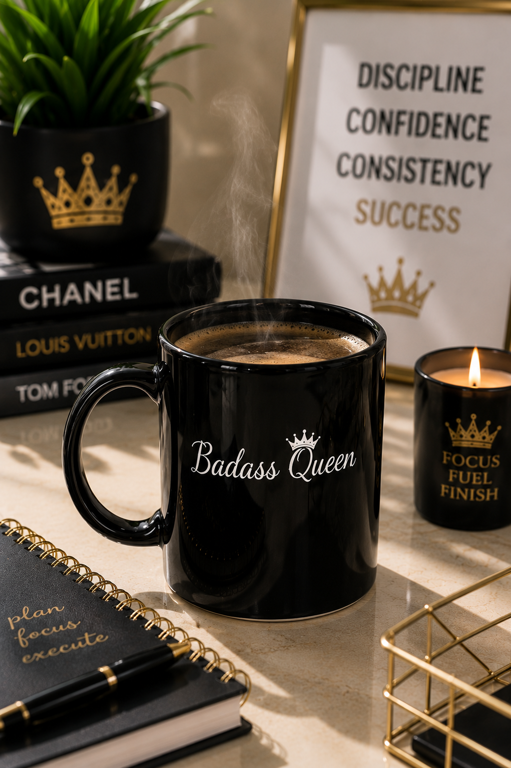Badass Queen Black Mug with silver logo, 15oz