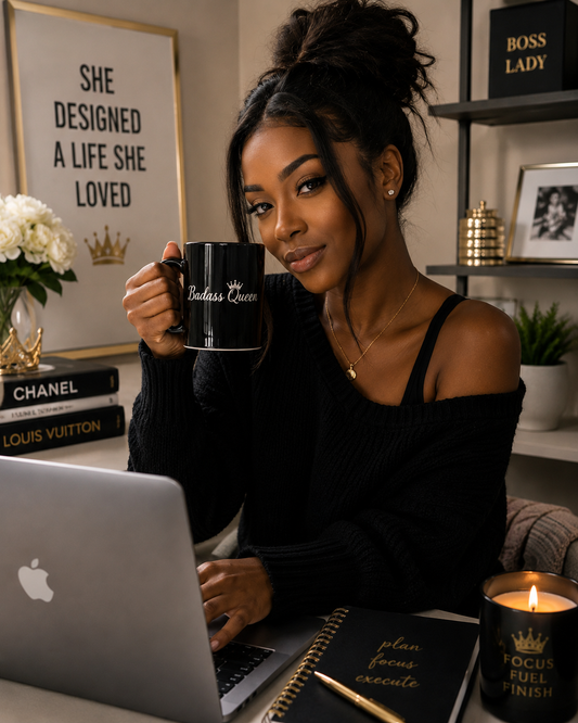 Badass Queen Black Mug with silver logo, 15oz
