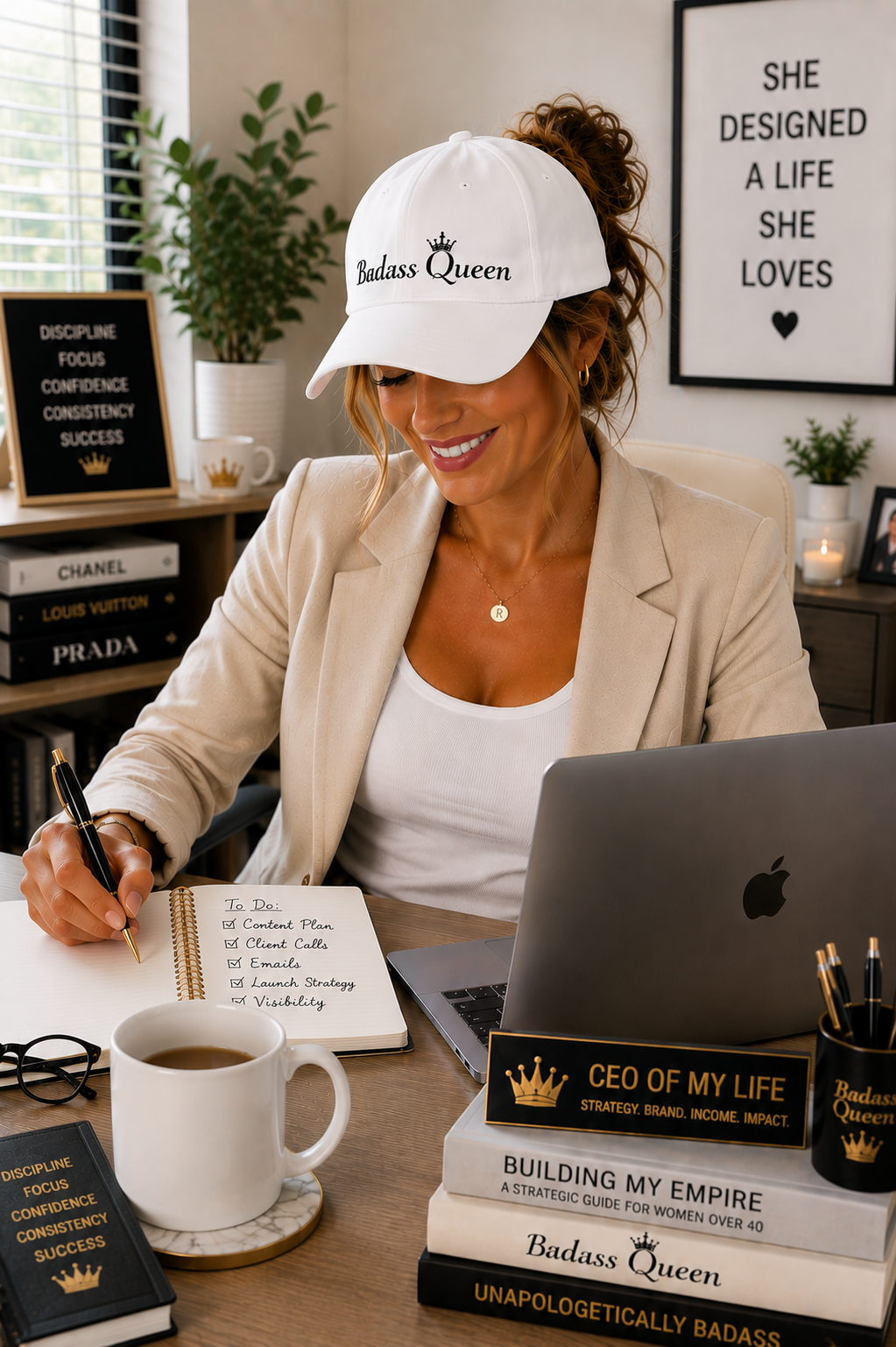 Badass Queen White Baseball Cap with black logo