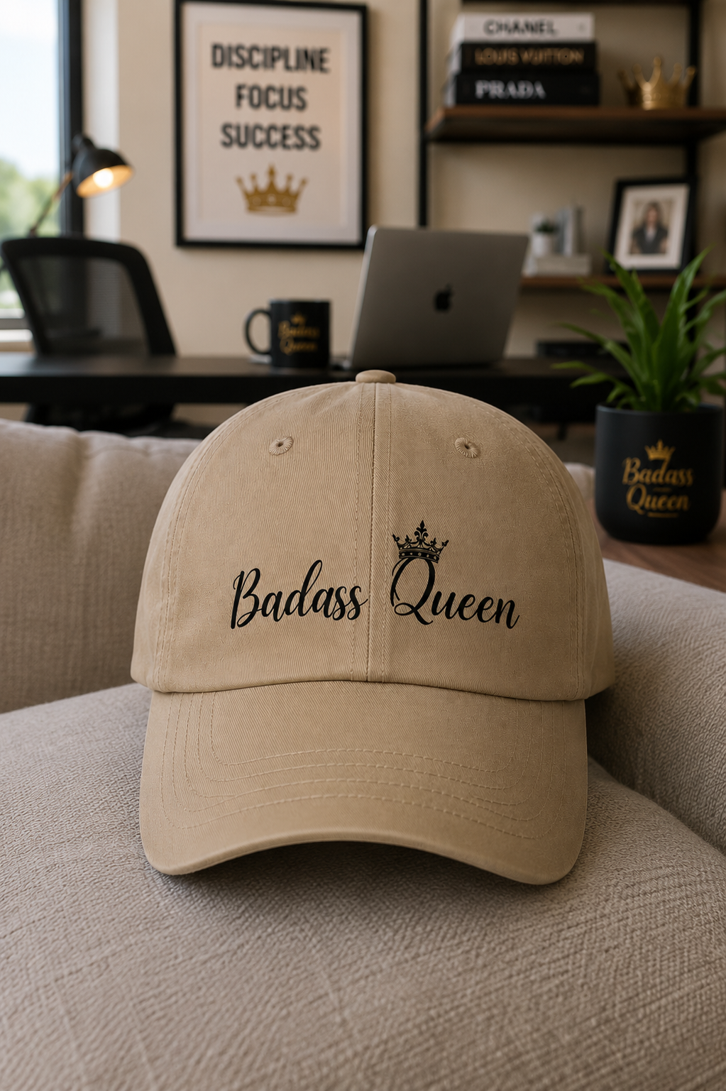 Badass Queen White Baseball Cap with black logo