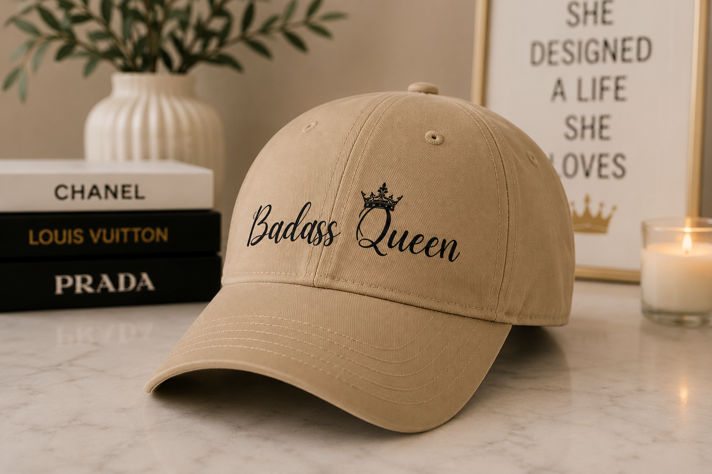Badass Queen White Baseball Cap with black logo
