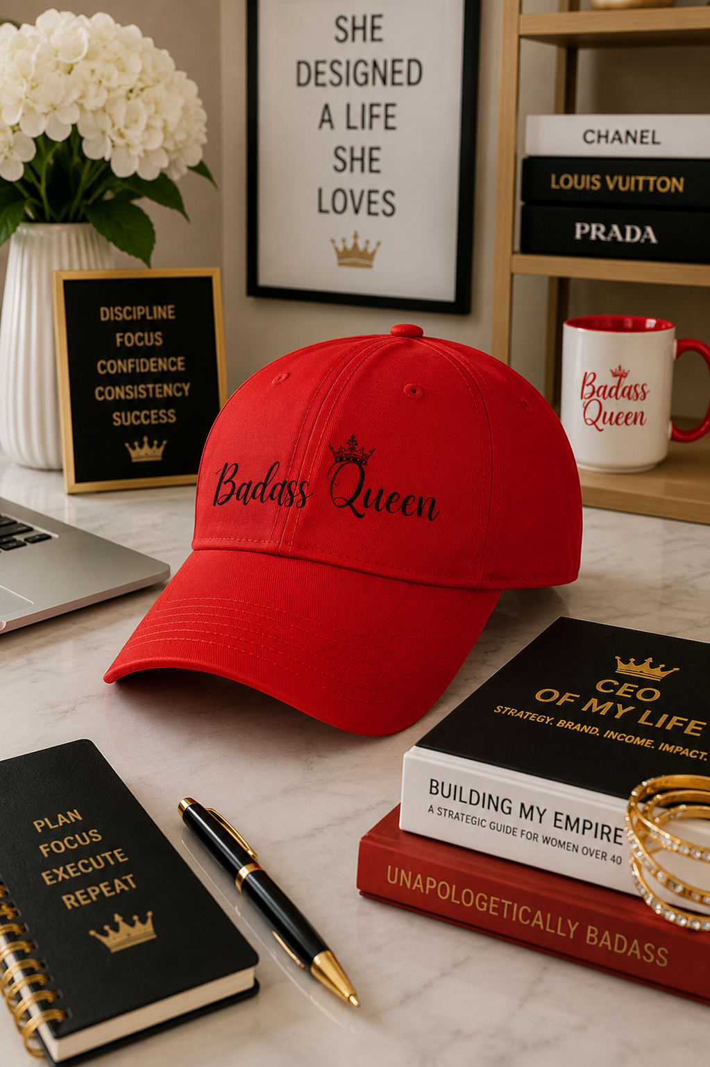 Badass Queen White Baseball Cap with black logo