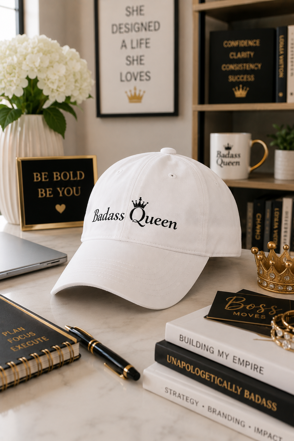 Badass Queen White Baseball Cap with black logo