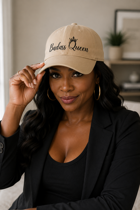 Badass Queen White Baseball Cap with black logo